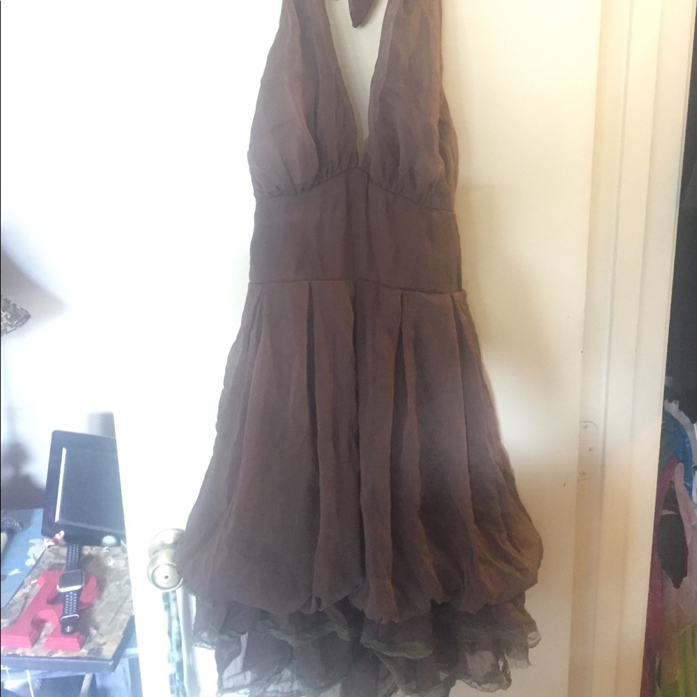 Sanjoy brown layered halter homecoming dress